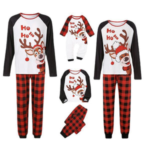 Reindeer Letter Print Ragaln-sleeve Red Plaid Pajamas Sets