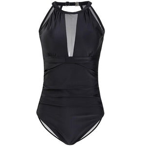 Mesh Deep V High Neck Ruched One Piece