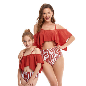 🎉Spring Sale 50% Off - Off Shoulder Top & Stripe Bottom Mommy and Me Swimsuit