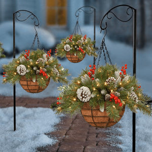 🎁Christmas Hot Sale-50% OFF🎄Lit Artificial Christmas Hanging Basket - Flocked with Mixed Decorations and White LED Lights - Frosted Berry