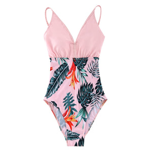 Family Matching Pink Tropical Plants Swimsuits