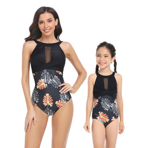 🎉Spring Sale 50% Off - Mother Daughter Swimsuits One-Piece Halter Floral Transparent Swimsuit
