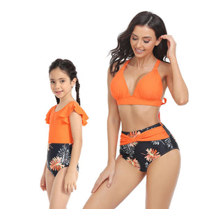 🎉Spring Sale 50% Off - Solid Top & Floral High Waist Bottom Mommy and Me Swimsuit
