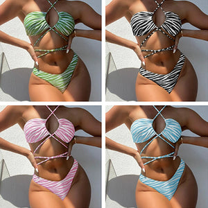 Stripe Print Bikini Set Sexy Filled Bra Swimsuit