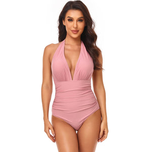 Halter V-Neck Belly Control Sling One Piece Swimsuit